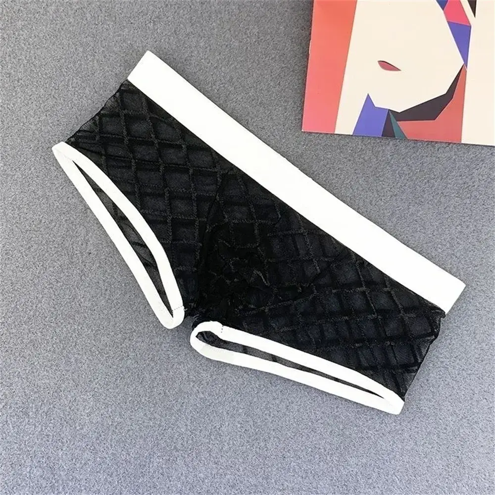 Cueca boxer transparente masculina, bolsa com bojo, transparente, malha xadrez, sexy, cintura baixa, plus size