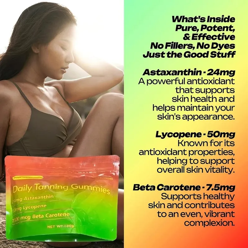 Tanning Gummies - Natural Tanning Supplement with Astaxanthin Lycopene & Beta Carotene - Boost Melanin for Radiant Skin & Glow — image 2