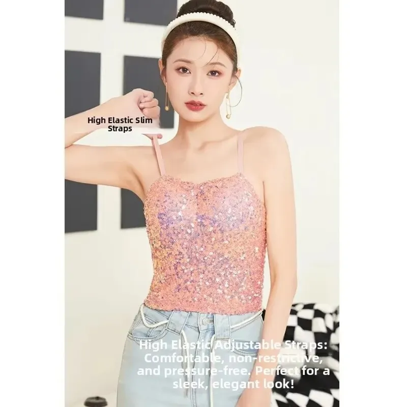 Shiny Sequin Sequin One-Piece Tank Top Fixed Wrap Chest High Elasticity Backless Vest Underwear Short Base Layer Vest Top Summer