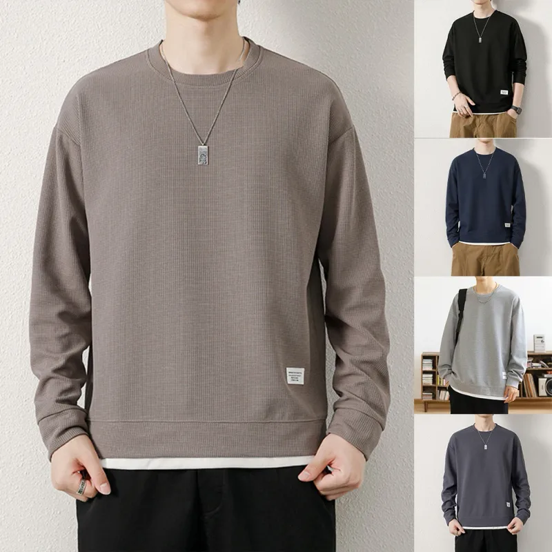 Loose for Fit Plaid Sweatshirt for Men with Long Sleeves Round Neck and Fake Two-Piece Visual Design for Everyday Use — image 3