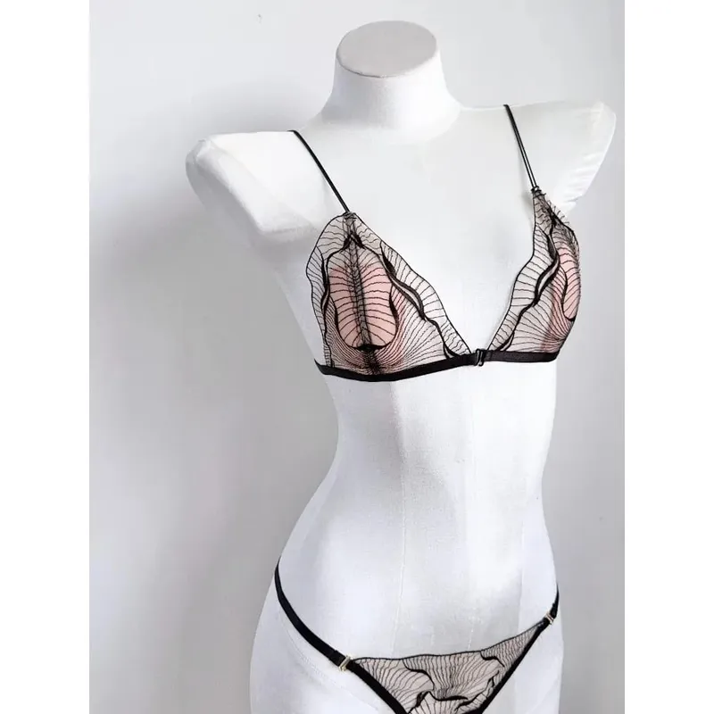 Premium French Triangle Cup Lace Wireless Bra Set Ultra Thin Thin Strap Soft Sexy Backless Lingerie 32‑38 A-B CUP Set
