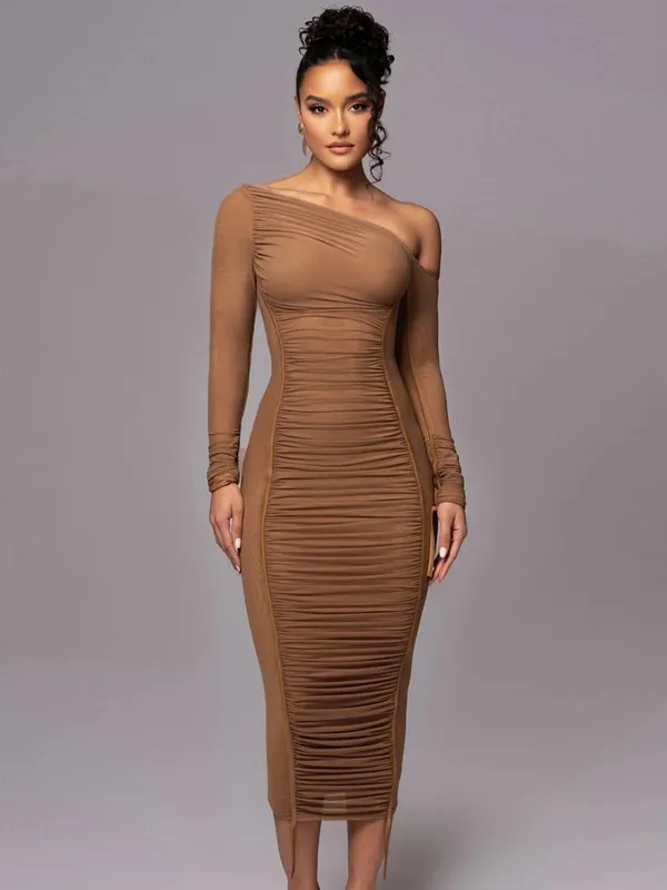 Hugcitar Mesh Solid Diagonal Krave Langærmet Draperet Sexet Gennemsigtig Bodycon Maxikjole Sommermodetøj Festival Club