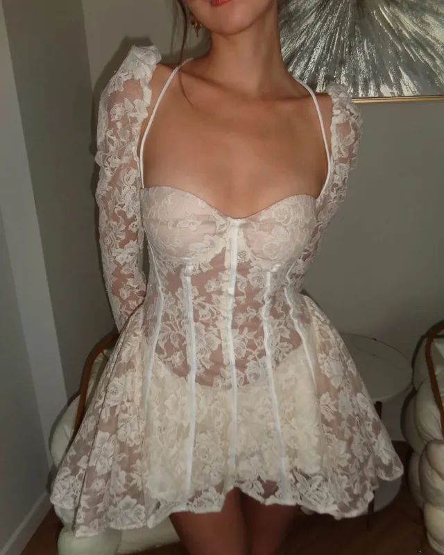White Lace Lace-up Fishbone Mini Dress Women Chic Backless Full Sleeve See Through A-line Dresses 2026 Lady Evening Party Robe