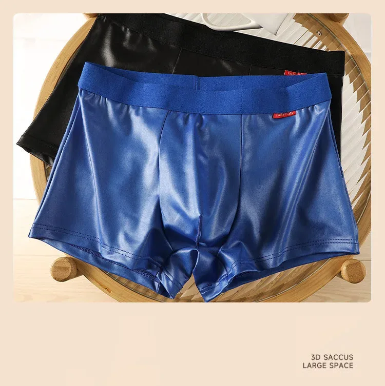 Imitation Leather Underwear Men's Sexy Slim Fit Boxer Shorts Korean Youth Bugle Pouch Undepant Comfortable Sports Trunk Stretch