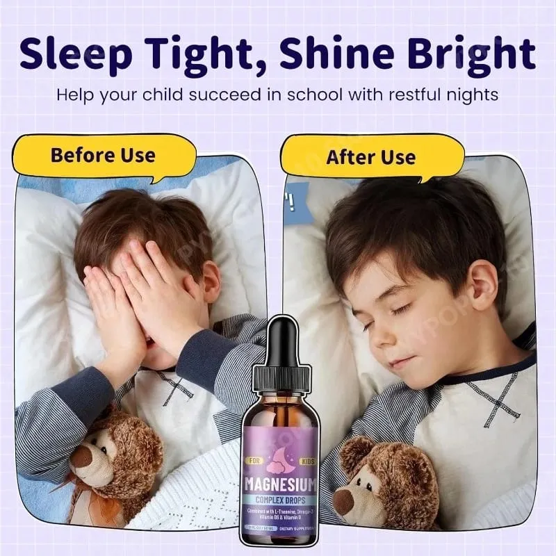 Kids Magnesium Glycinate Liquid Drops with L-theanine Omega-3 Vitamin B6 D3 for Sleep Relaxation 2 Fl Oz Strawberry Flavor