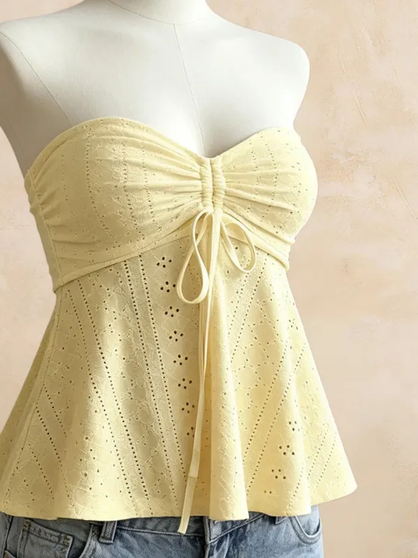Women Yellow Eyelet Lace Tube Top Casual Ruched Tie Front Peplum Strapless Camisole