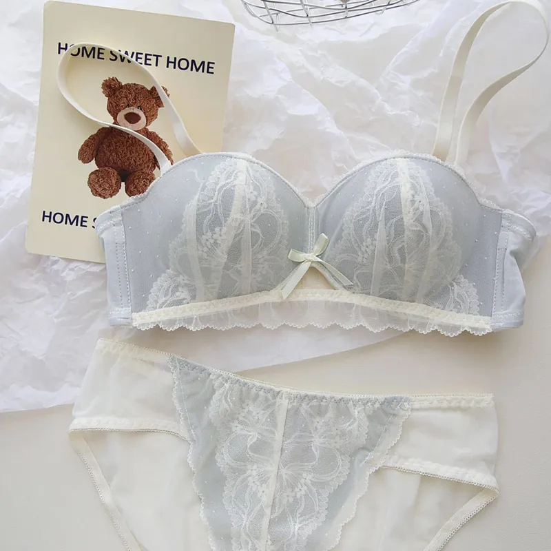 Sexy French Demi Cup Lace Bralette Set Wireless Push Up Bra for Women No Underwire Comfortable Non Padded Sexy Sweet Teen Bra AB