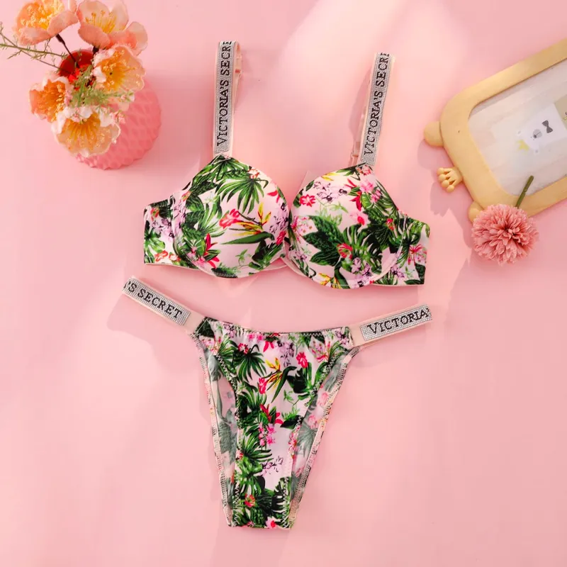 Victoria s Secret Rhinestone Logo Shoulder Straps Lace Underwear Sexy Lingerie Set Push Up Bra And Panties Set For Women — image 4