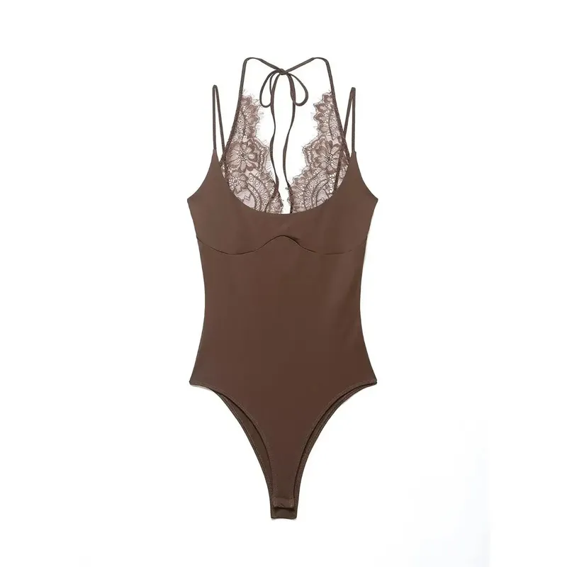 Ladies Sexy Slim Bodysuits Women Chic Lace Partwork Sleeveless Fashion Backless Sling Tops Newest Casual Playsuit Outfits Female