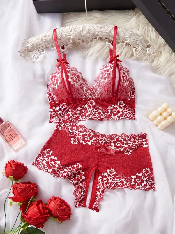 Summer Sexy Hot Women's Lingerie 2pce Open-crotch Pants And Open-tip Bra Vest Adult Underwear Transparent Flower Lace Bras Set