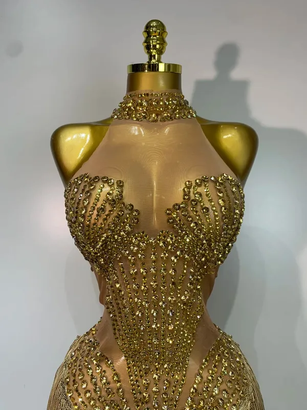 Costume de scène Sexy en maille strass scintillante, paillettes transparentes, pompon, soirée, fête d'anniversaire, discothèque, tenue de chanteur de danse
