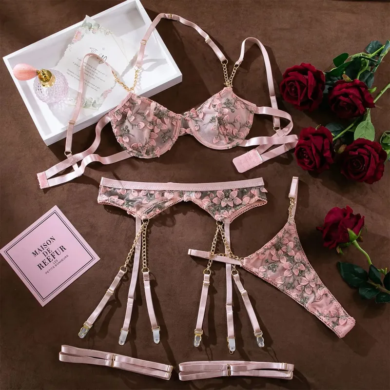 Embroidered Print Brassiere Lingerie Set Women Lace Mesh Patchwork Sexy Nightgown With Deep V Corset Lingerie for Women Fishnet — image 1