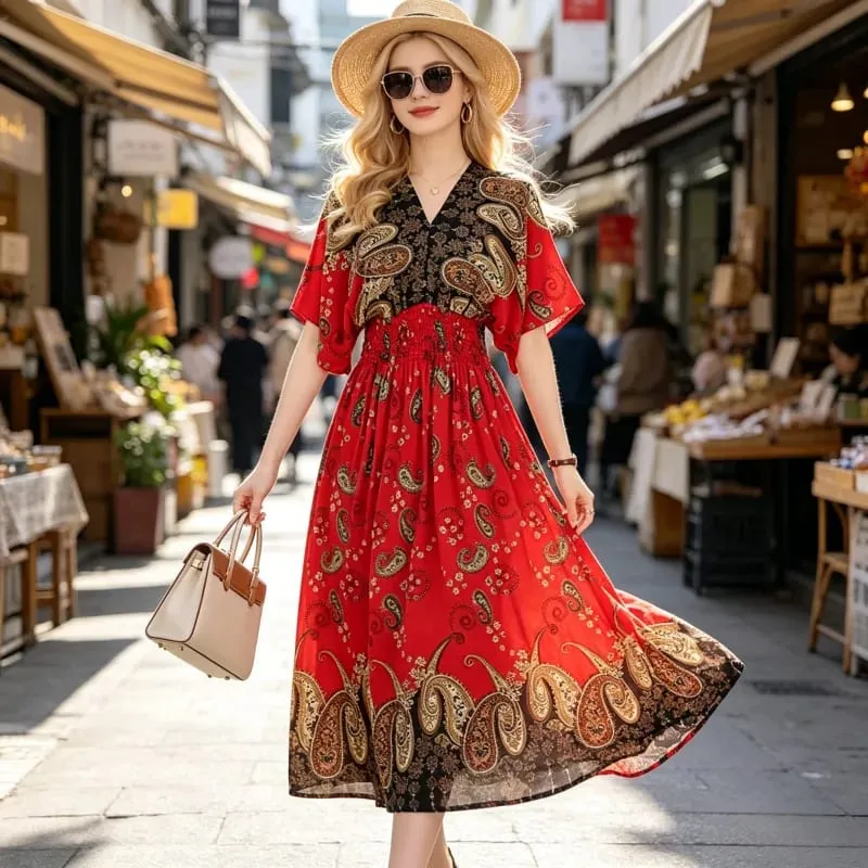 Boho Holiday Women V-Neck Batswing Short Sleeve A-Line Midi Dresses Slim Elastic Waist Casual Vintage Office Lady Elegance Dress
