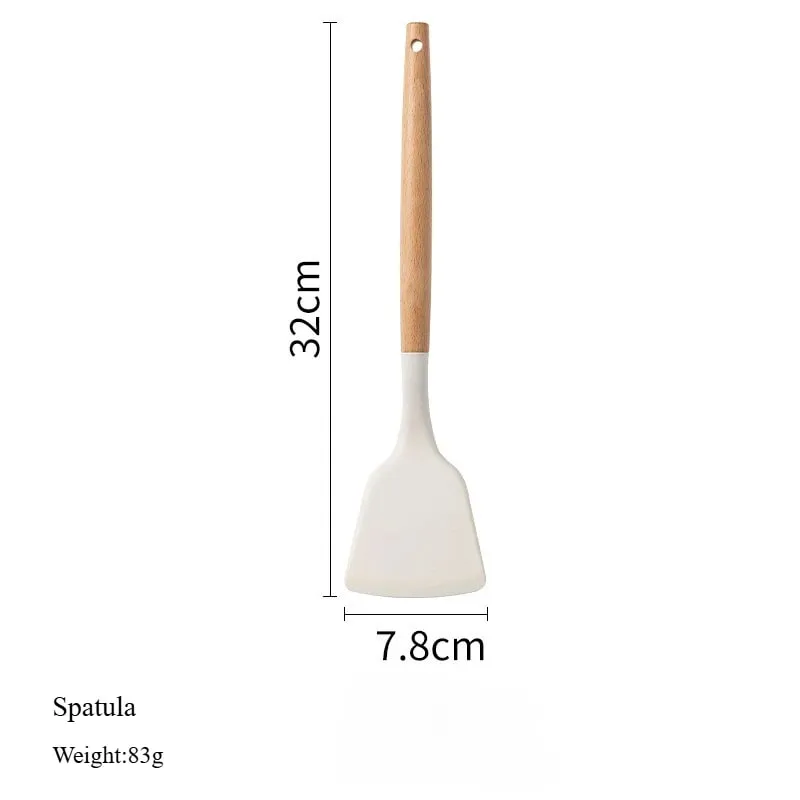 2/12Pcs White Silicone Kitchen Utensils Set with Wooden Handle Cookware Spatula Heat Resistant Non-stick Kitchen Cooking Tools