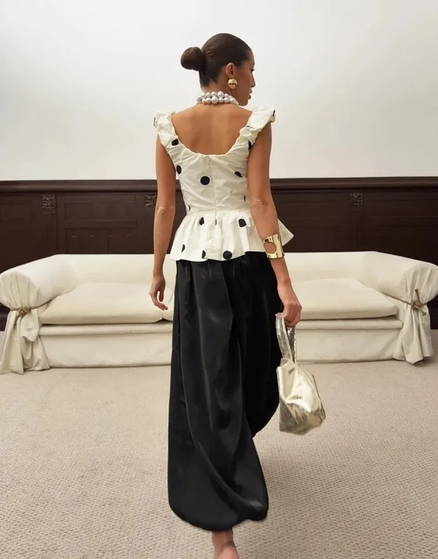 Slim Deep V Neck Polka Dot Tank Top Off-shoulder Ruffled Sleeveless Silk Vest Backless Lace Camis Female