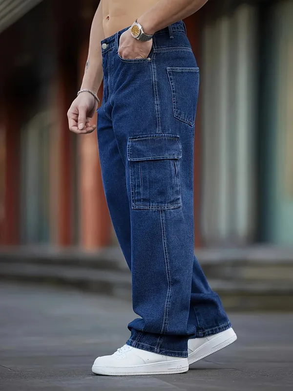 Men's Deep Blue Washed Denim Workwear Jeans Casual Multiple Pockets Design Loose Wide Leg Trousers Y2K Style Cargo Pants