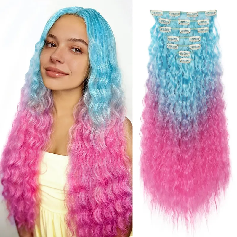 Synthetic Clip in Hair Extensions 7pcs/set Ombre Sky Blue to Hot Pink 22inch Colorful Clip in Hair Multi Styles Straight/Wavy