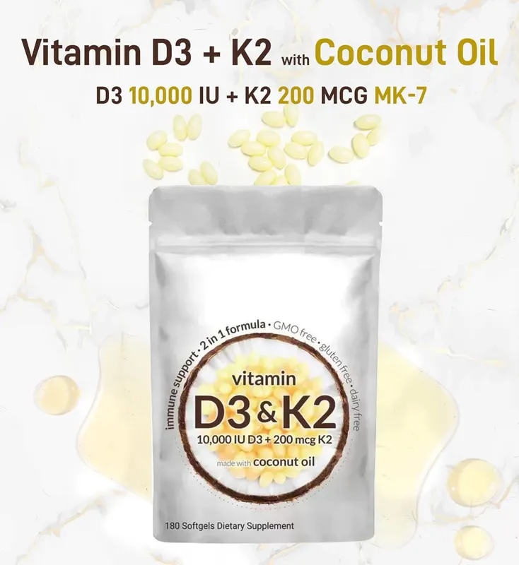 Vitamin D3 10 000iu + K2 MK7 200mcg Softgels | 2-in-1 Complex with Coconut Oil | Supports Heart Bone Teeth & Immune Health