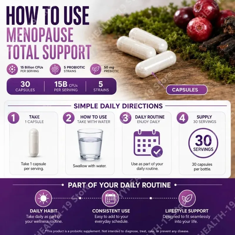Menopause Total Support Probiotic Capsules 15 Billion CFU 5 Strains Prebiotic For Digestive Microbiome Wellness Adult 30 Count