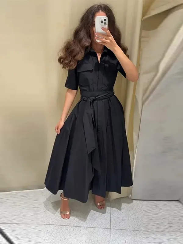 Elegant Belt Women Long Black Dress Full Sleeve Pleated Lapel Waist-Closed Female A Line Dresses 2026 Spring Lady Robes New
