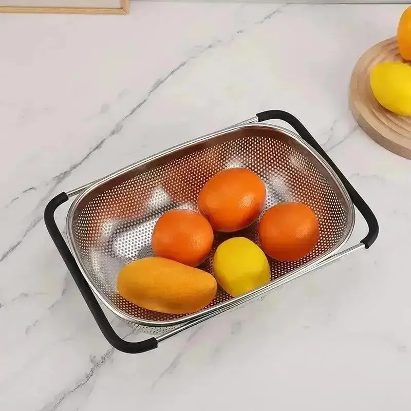 Retractable Drain Basket Rubber Grip Handles Oval Colander Sink Vegetables Draining Rack Home Storage Basket Stainless Steel