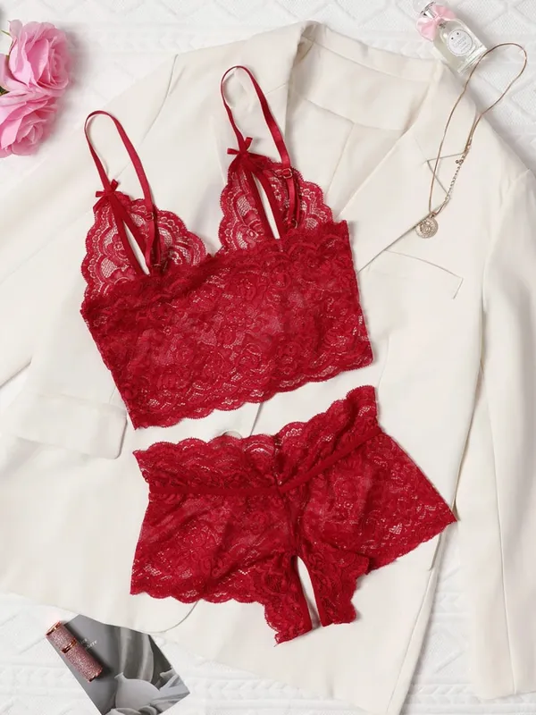 Open Bra 2 Pcs Women Lace See-Through Pajama Black Cute Clothes Comfortable Breathable Suspender Shorts Bra And Brief Set Hollow