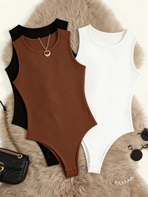 Women 3 Pack Solid Ribbed Round Neck Bodysuit Casual Sleeveless Form Fitting One Piece Bodysuit Set