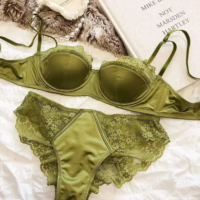 Set Lingerie Setengah Cangkir Prancis Wanita Bra Pakaian Dalam Tipis Tipis Musim Panas Tali Tipis Push-Up Berkawat Lembut 32-38AB