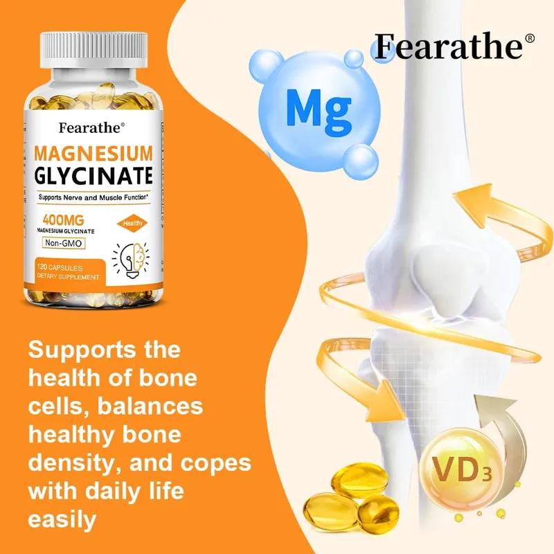 Magnesium Glycinate 400mg Capsules Support Muscle Bone Heart Nerve Sleep Quality & Immune System Health Non-GMO