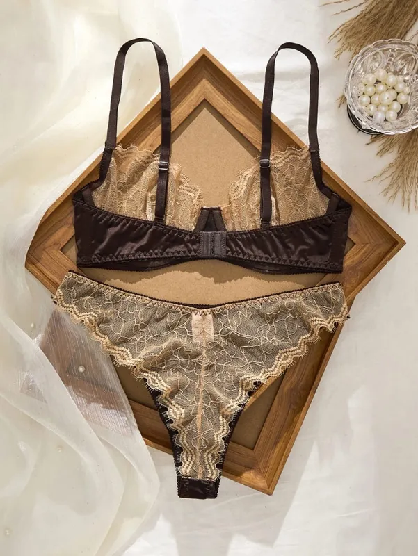 Sexy Lace Flowers Embroidery Lingerie Set for Women Ultra Thin Breathable Bra Button Decoration Underwear French Bras Thong Sets — image 5