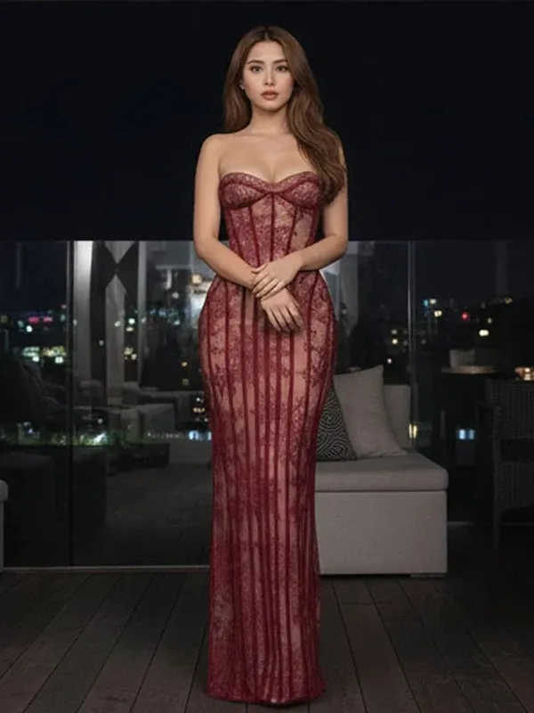 Women Strapless Tulle Fishbone Dress Backless Off Shoulder Printed Patchwork Slim Maxi Dresses 2026 Lady Chic Party Evening Gown