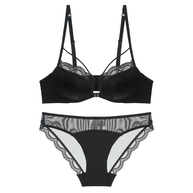 Smooth Thin Cup Front Closure Bra Briefs Set Underwear with Lace Trim Push-up Backless Bra Women Brassiere Sexy Female Lingerie