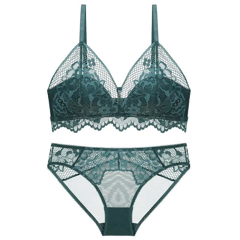 Summer Trendy French Lace Mesh Triangle Bra Set Wire-Free Transparent Breathable Lingerie 3D Draping for Perfect Shape & Comfort