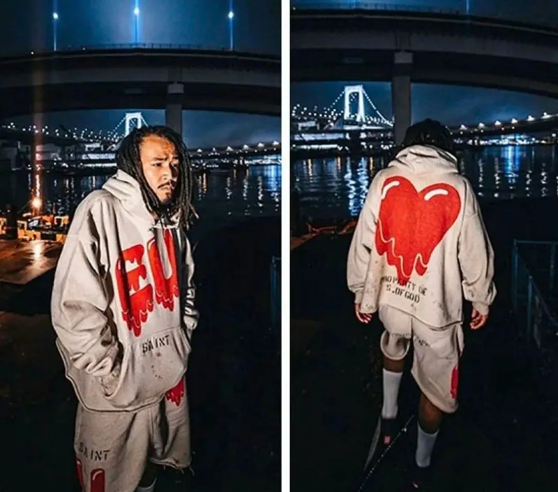 26FW SAINT x Ber B J Co-brand Big Logo Printed Women Men Washed Hooded Sweatshirt Hoodies Vintage Distressed Men Casual Hoodie