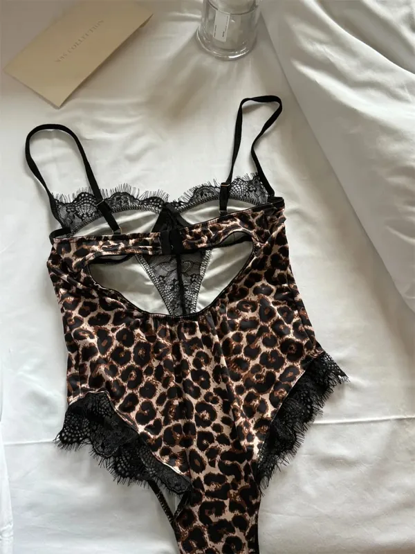 Sexy Leopard Print Halter Bodysuit for Women Thin Stretch Lace Lingerie One-Piece with Hanging Neck
