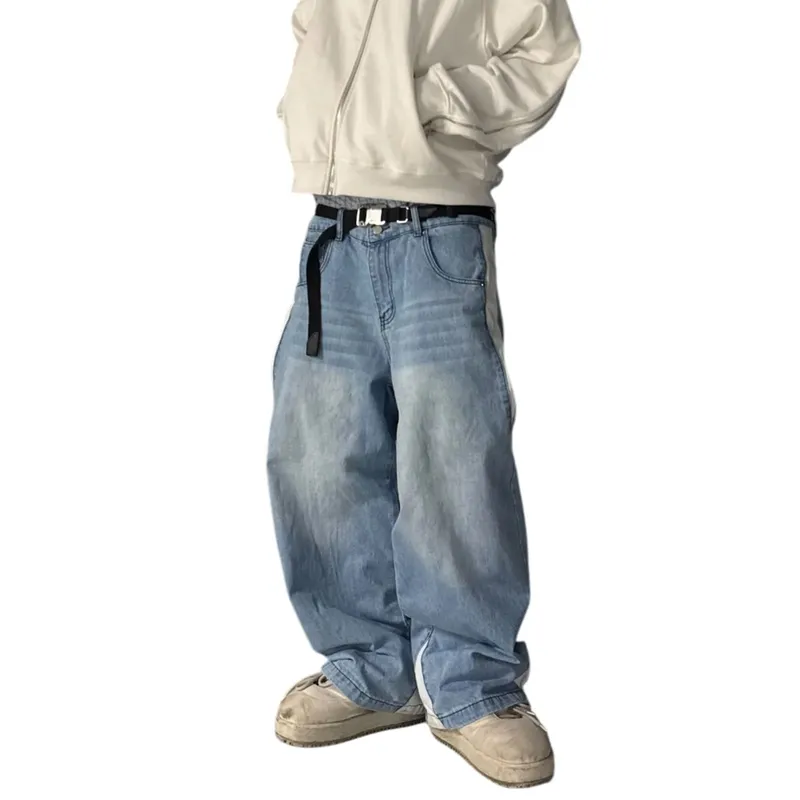 Wide Leg Jeans Men Straight Pants Vintage Patchwork Washed Distressed Mid Waist Pockets 2025 Streetwear Denims Loose Trousers