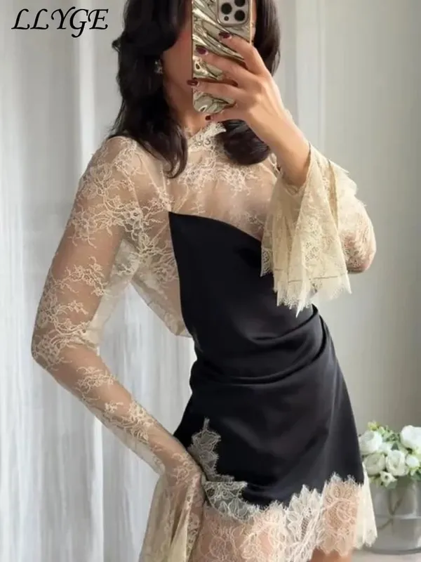 Elegant Lace Patchwork Short Dress Women See Through High Collar Flare Sleeve Party Dresses 2025 Autumn Lady Evening Robes — image 2