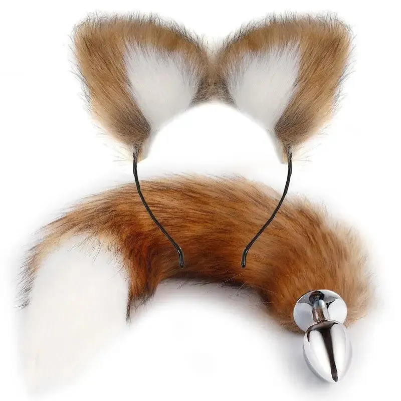 40cm Fox Tail Anal Plug Plush Cat Ears Headbands Set Butt Plug Tail Erotic Cosplay Sex Toys Women Anal Masturbation