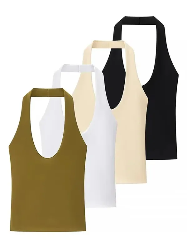2025 Summer New Women's Solid Color Series Halter Collar Slim Backless Basic All-match Top
