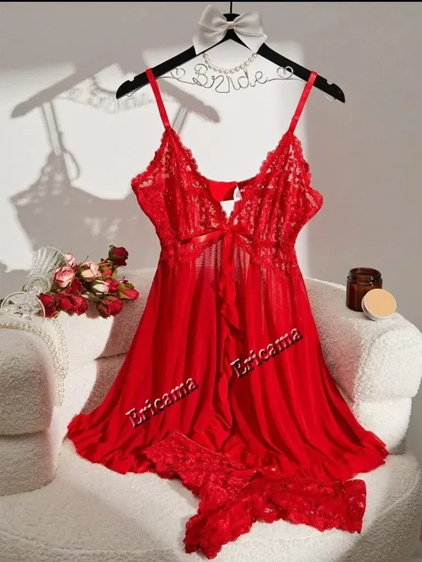 Women Lace Lingerie Set Solid Soft Slim Bra Nightdress Sexy Sleepwear For Women — image 12