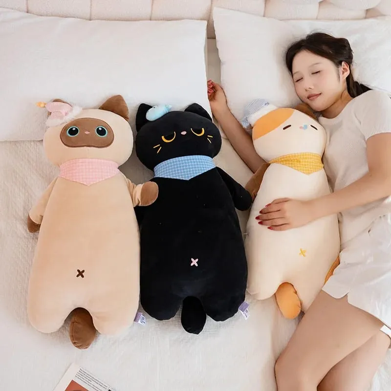 58cm Cute Sweet Dream Good Night Cat Throw Pillow Three Flowers Siam Coal Briquette Cat Doll Soft Stuffed Friend Gift