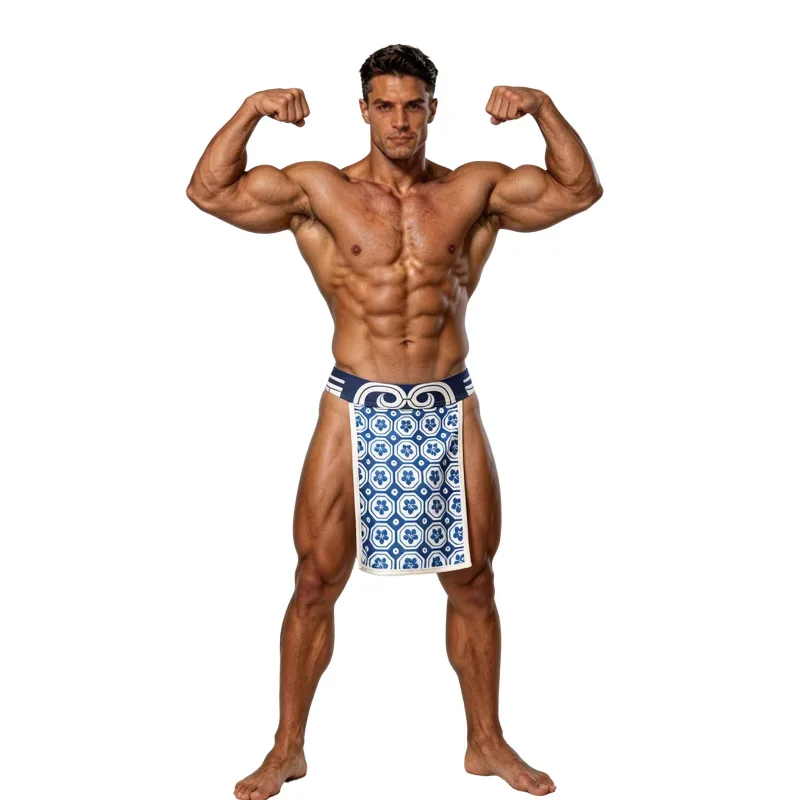 Men Low Rise Crotchless Traditional Printed Japanese Sumo Briefs Thong Kimono Rokushaku Fundoshi Loincloth Panties Underwear