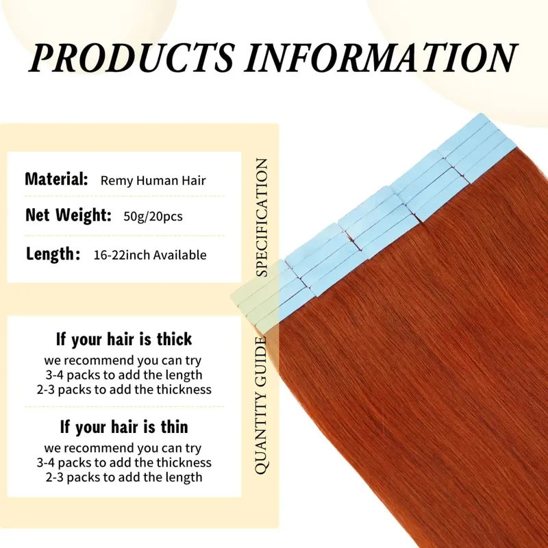 Doreen Copper Red Tape In Human Hair Extensions 16 to 22 Inch 50g/set PU Seamless Skin Weft 350# Colored Hair Extensions Tape in