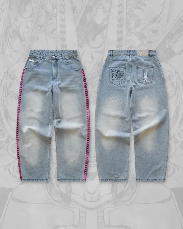 Y2K Anime JoJo Street High Waisted Loose Jeans Pink Heart-shaped Embroidery Loose Washed Denim Pants Wide Leg Pants