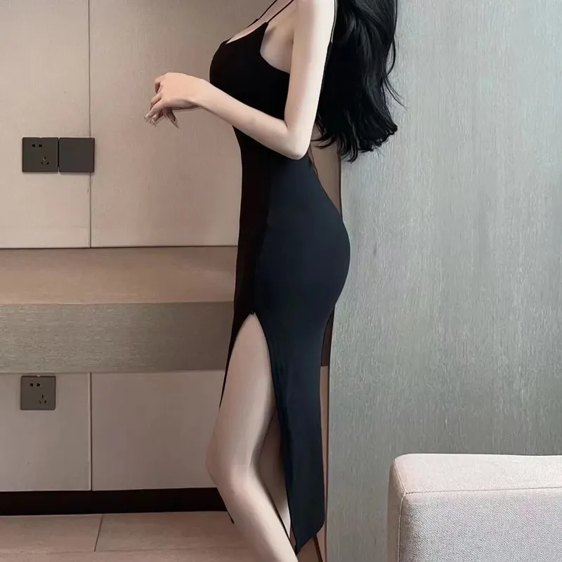 เซ็กซี่ Camis Y2K กลางชุดผู้หญิงฤดูร้อน Vintage Y2K Backless แยก Kpop ชุดผู้หญิงชุดราตรี Navy สีดำปิดไหล่ผ้า