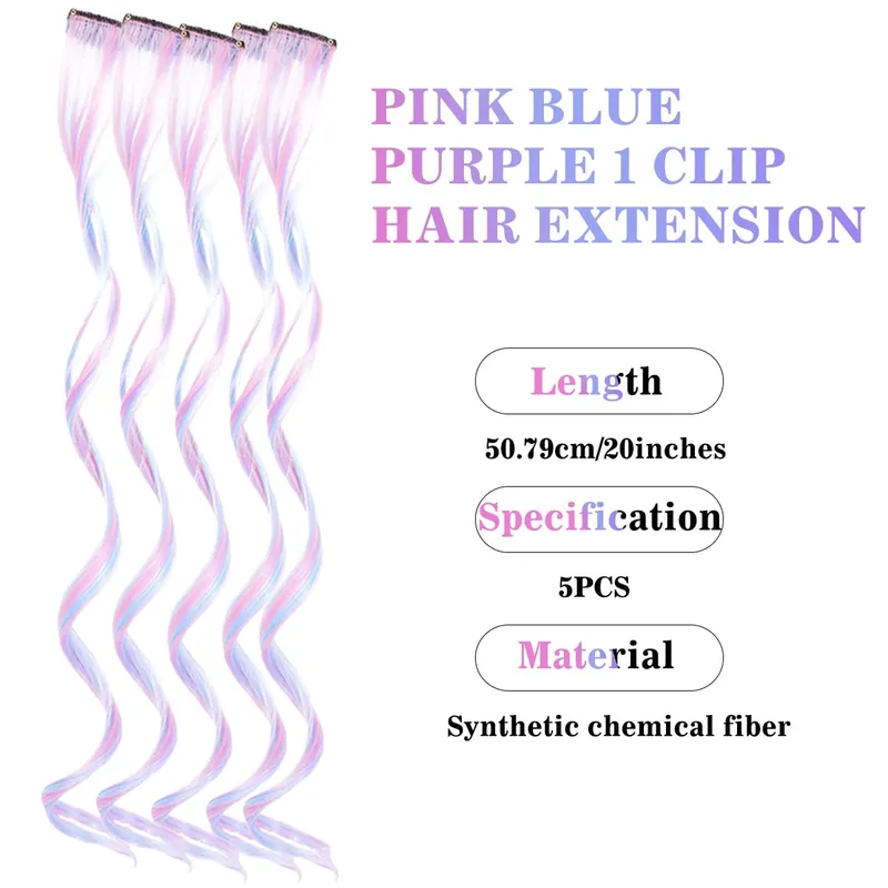 Synthetic 5Pcs Clip In Hair Extensions Colorful Ombre Curly Wig Rainbow Highlight Hair Clip On Hairpieces For Women Girls