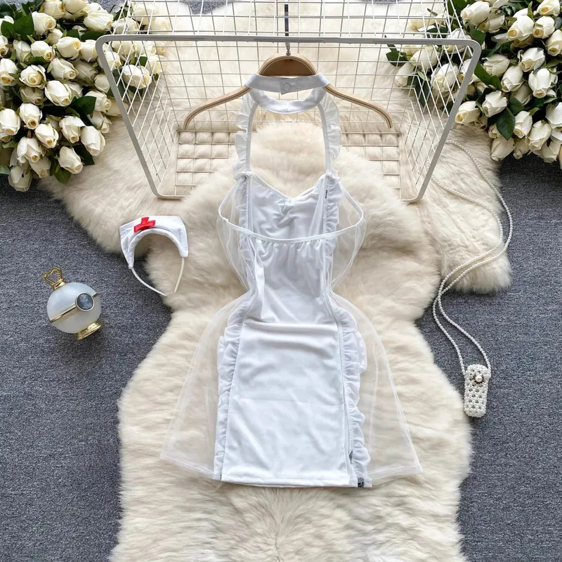 Women Sensual Lace Dress Women V-Neck Open crotch Slim Comfortable Dress Fashion Breathable Sheer Mesh Short Dress New