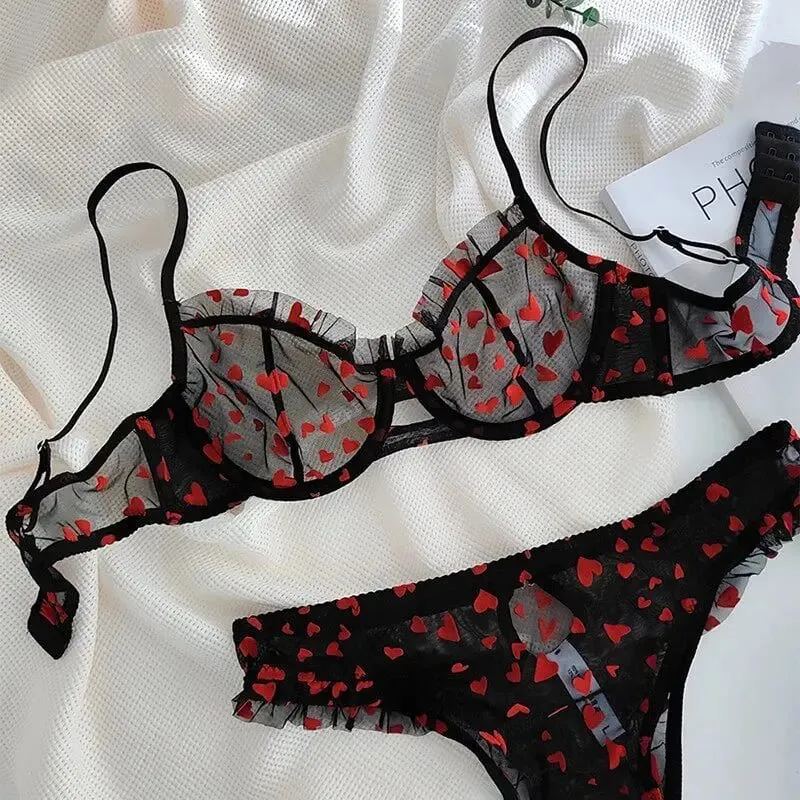 French Heart Print Transparent Lingerie Set Ultra Thin Underwire Bra Lace Sexy Push Up Gathering Small Breast Boost Hot Selling