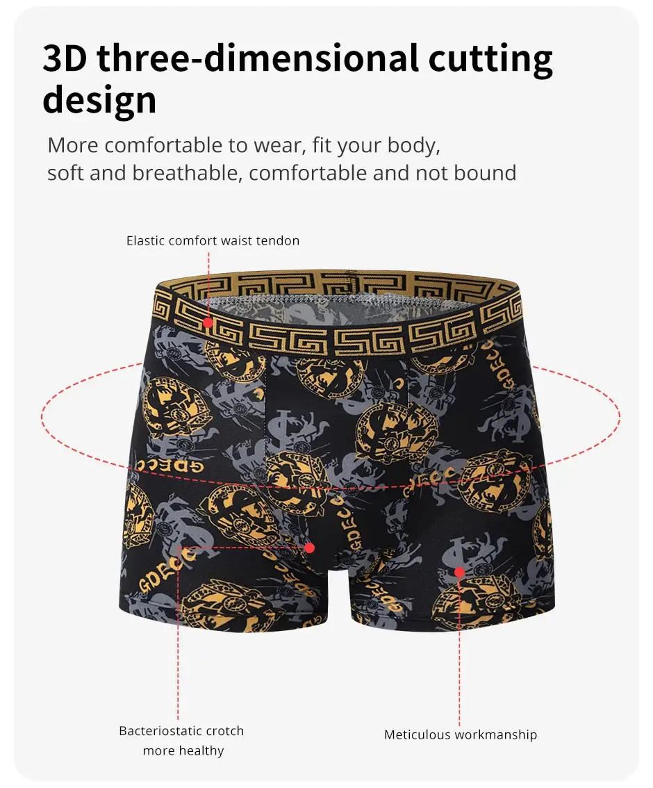 5-piece Set Of Black Gold Printed Men's Underwear Quick Drying Breathable Comfortable Elastic Casual Fashionable And Trendy