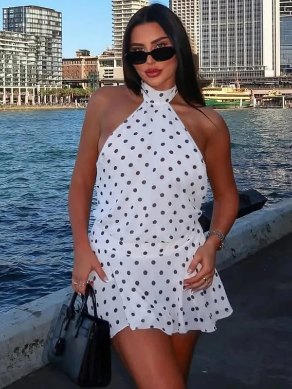 Hugcitar Polka Dot Print Halter Sleeveless Backless Bandage Sexy Slim Mini Dress Summer Women Fashion Outfit Party Vacation — image 4